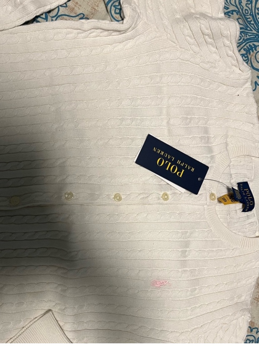 Polo by Ralph Lauren White Cable-Knit Cardigan with Pink Pony